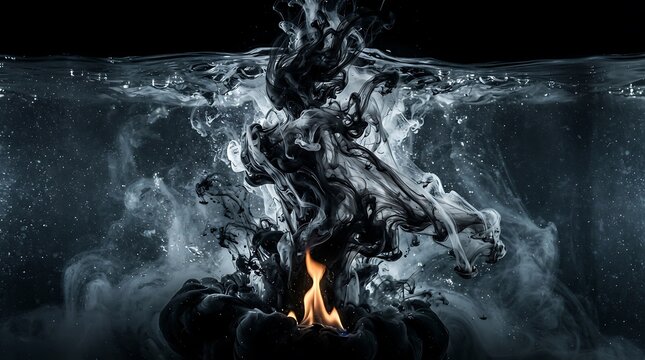 Black ink swirling in clear water with a small bright flame burning at the bottom against a deep dark background