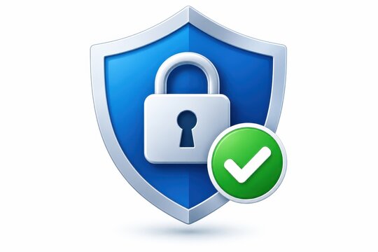 Enterprise cybersecurity shield with padlock and verification checkmark for encrypted networks, confidential information, identity protection, and regulatory compliance