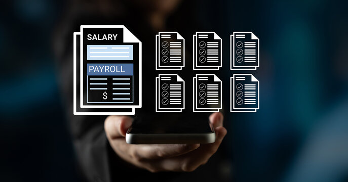This image depicts an employee holding a smartphone with salary and payroll documents, symbolizing modern payroll management in a professional finance environment. Ledger