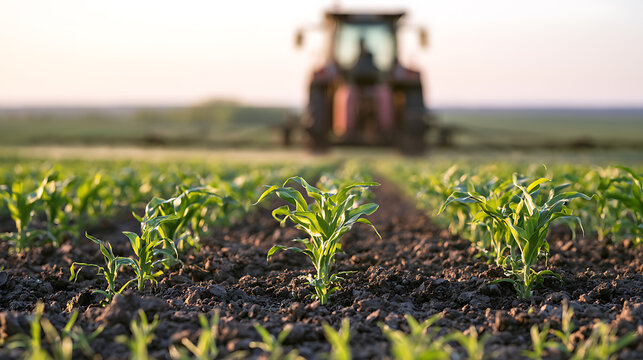 A blurred agricultural tractor works in a fertile field with green corn sprouts in the foreground during a peaceful sunrise in the spring