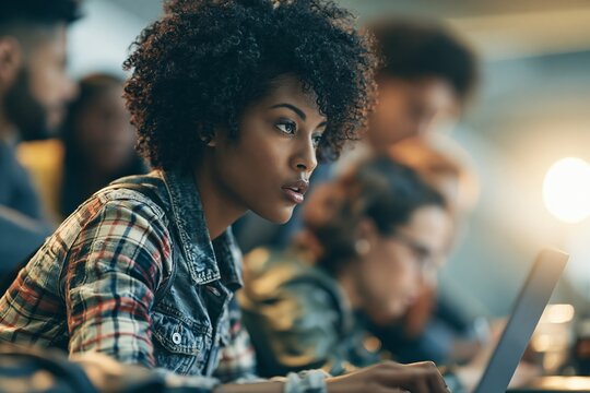 Focused young woman with curly hair working on a laptop in a dimly lit shared office workspace