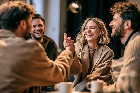 Group of diverse friends laughing and sharing a warm moment together at a cozy indoor cafe table