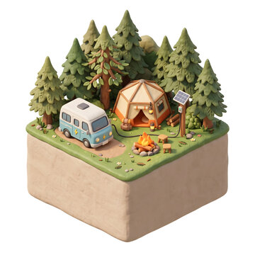 3d isometric illustration of a cozy ecofriendly campsite with a camper van and tent in the forest isolated on transparent background