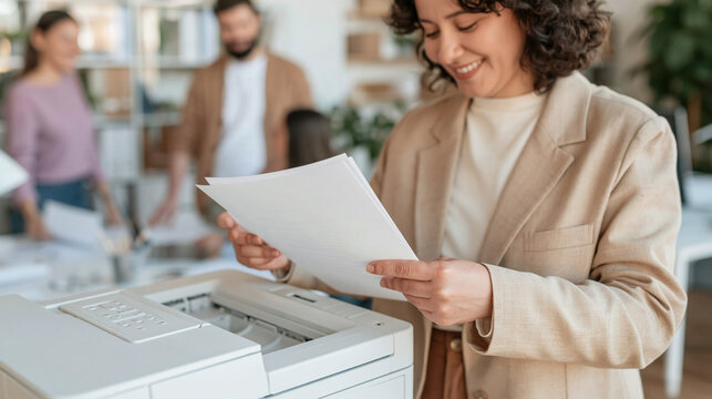 Smiling Businesswoman Reviewing Printed Documents Beside Office Copier