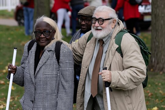 Smiling elderly man and woman with white canes walking together in a park during an autumn day