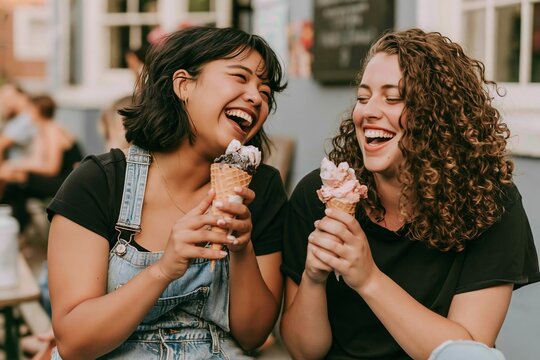 Two joyful young women with curly hair laughing while eating ice cream cones outdoors in summer