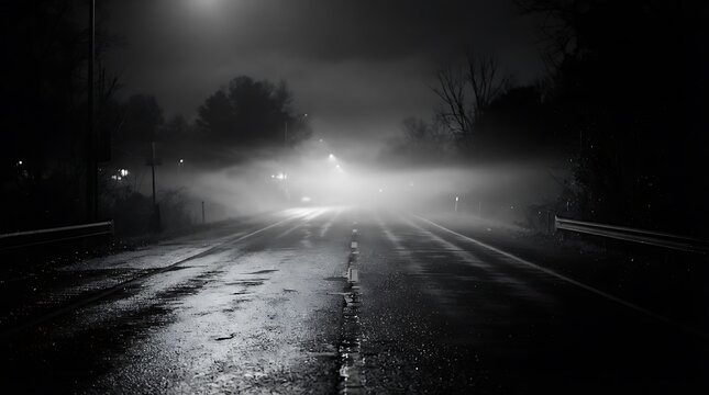 Empty asphalt road at night with thick heavy fog and street lights glowing in the darkness in a moody atmosphere