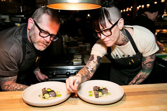 Two tattooed chefs plating gourmet food dishes with precision in a busy restaurant kitchen setting