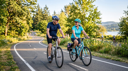 Fototapeta premium Happy senior couple cycling together on a scenic park path by the lake