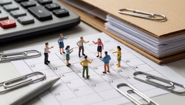 Desk calendar calculator pen stack paper clips there miniature figurines people different ages genders ethnici