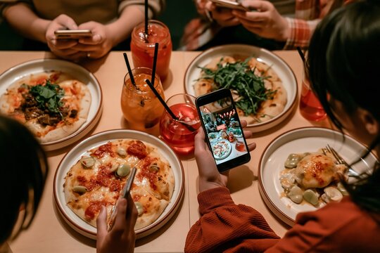 Group of friends taking photos of their pizza and drinks with smartphones at a restaurant table