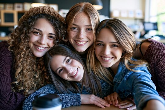 Group of four young female friends smiling and posing for a photo together in a coffee shop