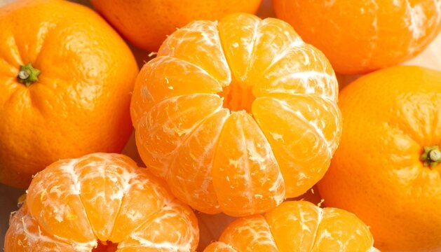 Fresh peeled mandarin orange close up surrounded by whole citrus fruits