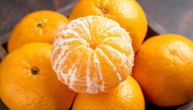 Peeled Mandarin Orange on Pile of Fresh Ripe Tangerines in Wooden Box