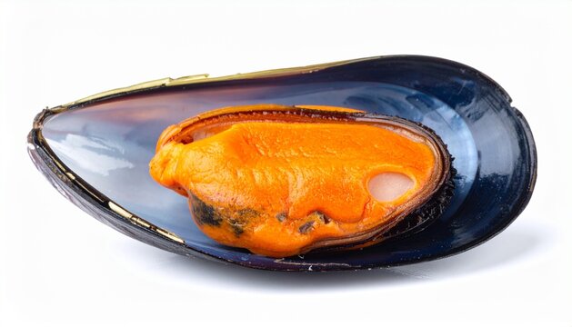 Cooked mussel in open blue shell isolated on white background
