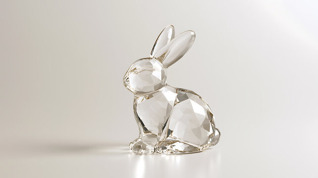 Elegant clear crystal rabbit figurine or Oryctolagus cuniculus sculpture on bright white surface studio shot for luxury decor and gift