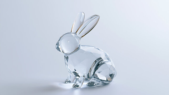 Elegant transparent crystal rabbit figurine, Oryctolagus cuniculus, sparkling glass sculpture ornament on a minimalist white backgro