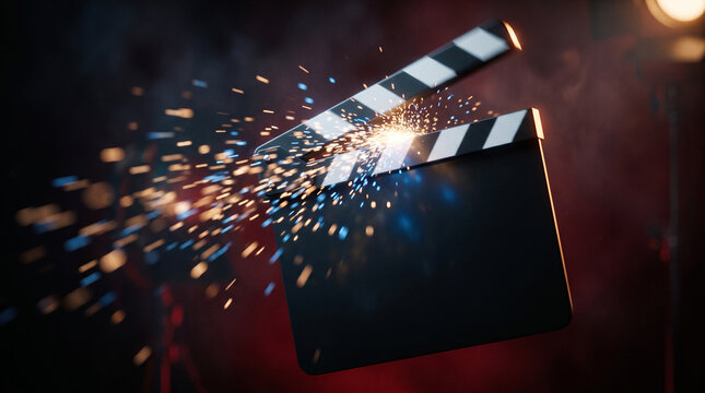 Cinematic film clapperboard floating in air with bright glowing sparks exploding from dark hinges during a professional movie production session