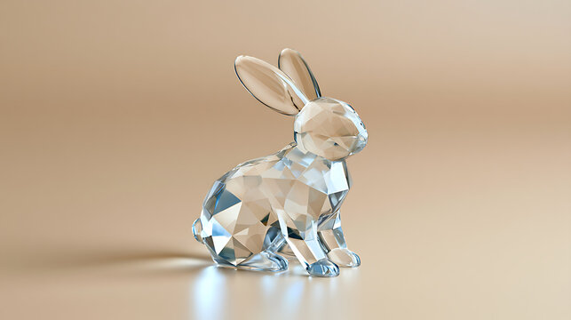 Elegant crystal rabbit figurine, Oryctolagus cuniculus, beautifully faceted glass sculpture reflecting warm light on a neutral studio background