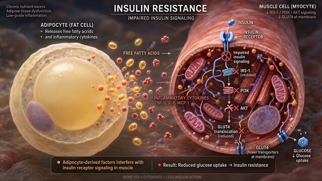 Cellular illustration of an adipocyte releasing free fatty acids and inflammatory cytokines that interfere with insulin receptor signaling in a muscle cell