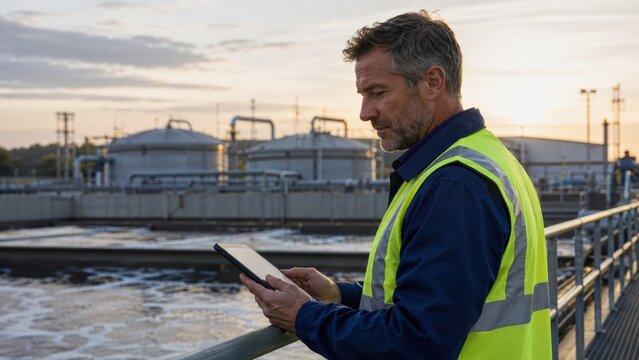 Male engineer in a high visibility safety vest uses a digital tablet beside aeration basins at a wastewater treatment plant during sunset