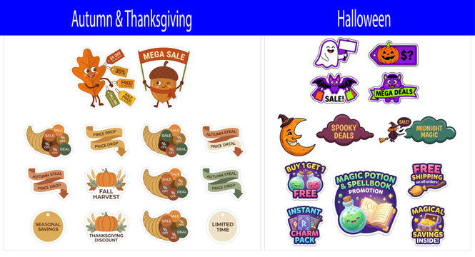 Autumn, Thanksgiving, and Halloween seasonal retail promotion sticker bundle. Cute vector characters, sale badges, banners, and discount tags for holiday marketing campaigns