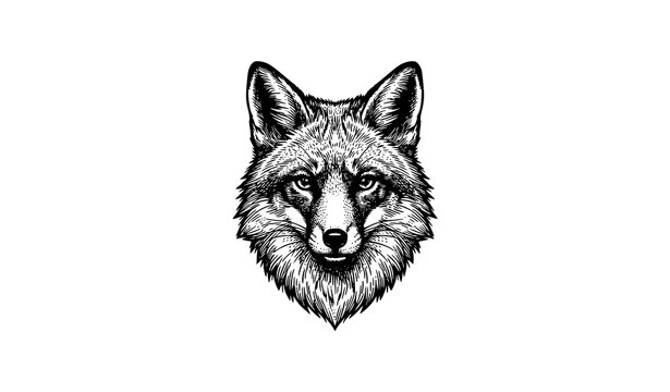 Detailed Fox Head Portrait Black and White Wildlife Engraving Vector Illustration