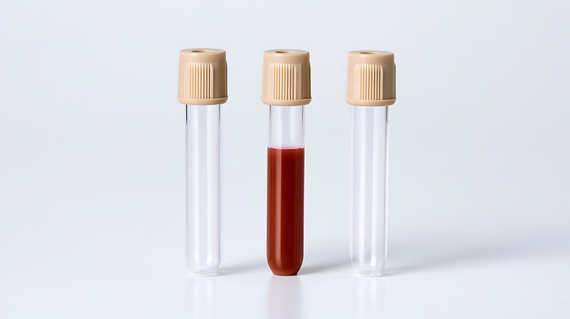 Three medical test tubes on a clean white surface with one glass tube containing red blood sample and two empty tubes with beige caps