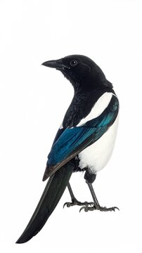 Eurasian magpie standing isolated on white background