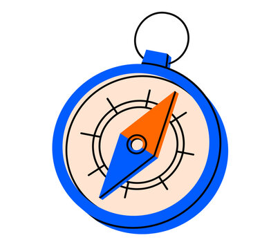Hand drawn illustration of compass with arrow. Flat vector direction or road choice doodle. Business strategy planning icon. Navigation guide. Decision making concept. Isolated.