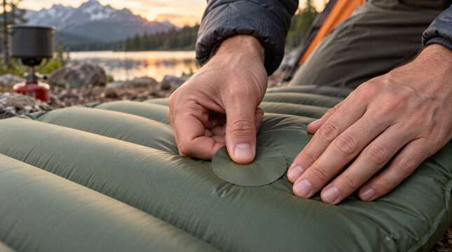 Mano adhiriendo parche sobre colchoneta inflable para acampar