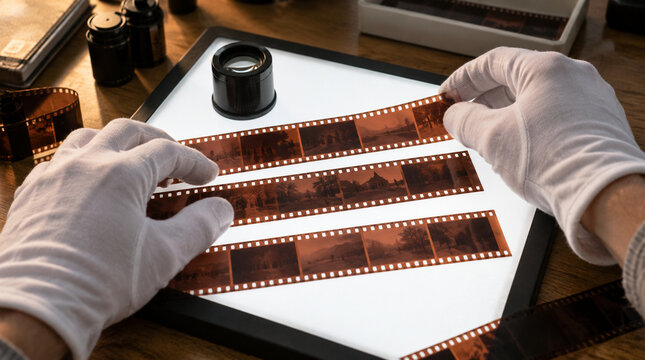 Manos clasificando negativos fotogr&aacute;ficos sobre mesa luminosa dom&eacute;stica