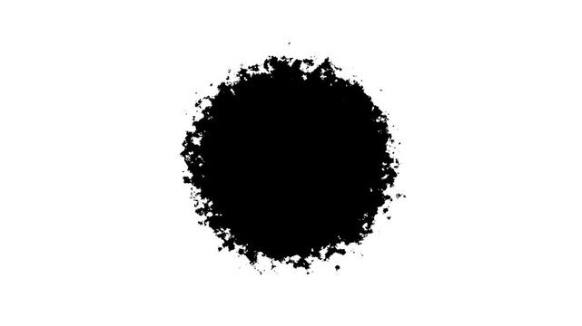 Black ink blot reveal animation creating a rough circular paint spot on clean white background