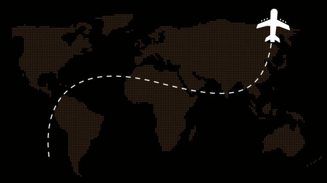 White airplane icon on world map background