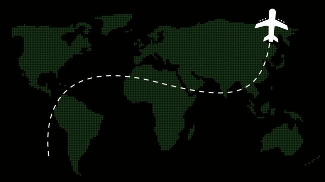 Green world map with airplane icon on dark background