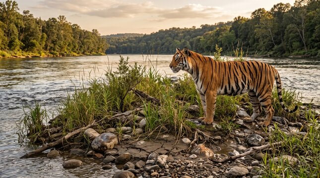 Majestic bengal tiger stands on rocky riverbank during golden hour sunset light.
