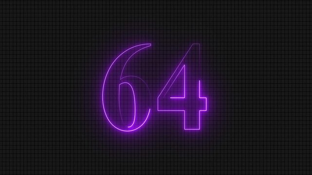 Neon purple glowing digital number sixty four on grid background