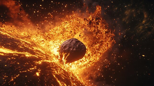 Massive asteroid impacting a planet surface with fiery explosion and debris