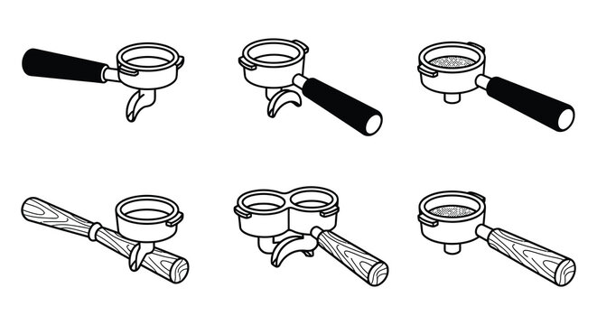 Espresso machine portafilters in various styles a black and white vector illustration