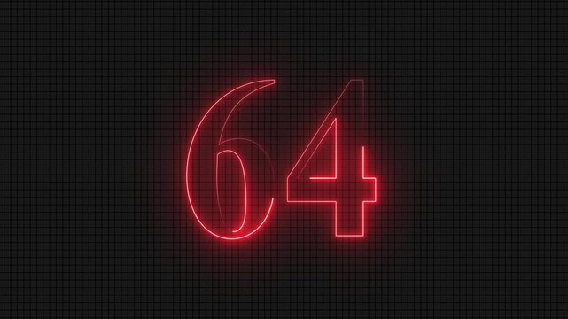 Red neon glowing number sixty four on dark grid background