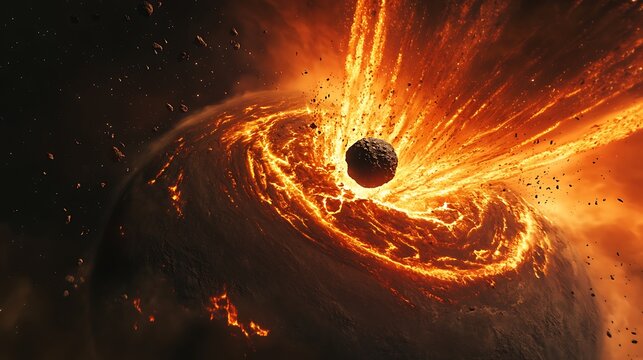 Massive asteroid colliding with a planet in deep space with fiery debris