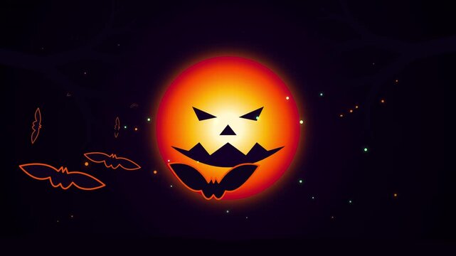 Spooky halloween pumpkin face glowing in night forest with flying neon bat silhouettes and floating sparks for festive motion background.