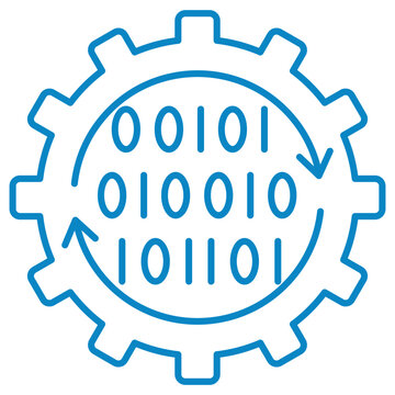 Binary data processing and machine code vector line icon. Technological gear with binary numbers and arrows representing digital data computation loop