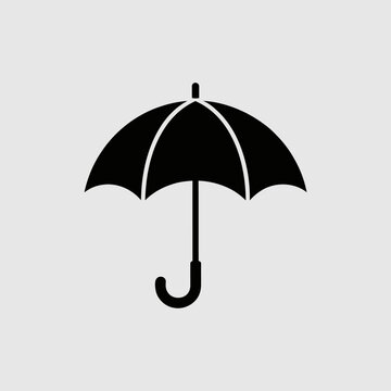 Black Umbrella with Curved Handle on White Background.