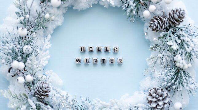 The enchanting arrival of winter's first day is marked by a serene frosty landscape adorned with delicate pine branches and glistening snow evoking a