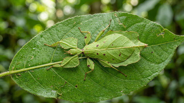 Green leaf insect camouflaged on foliage provides natural deception in wildness.