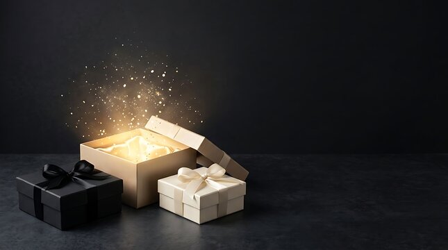 An exquisitely rendered image showcases a dramatically lit open gift box emitting a radiant magical glow symbolizing luxury celebration and the wonder of discovery