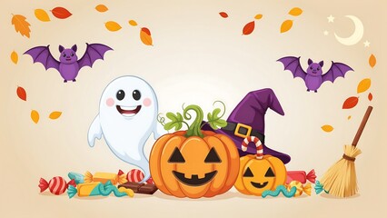 Fototapeta premium Cartoon halloween with a ghost a jack o lantern a witch hat bats and candy on a beige background