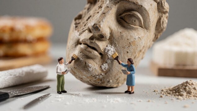 Miniature figurines man woman working sculpture human face appears made stone similar material placed white su
