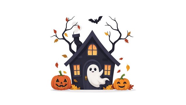 Haunted house scene for halloween with a ghost in the doorway two jack o lantern pumpkins and bare tree branches with falling autumn leaves isolated on a white background